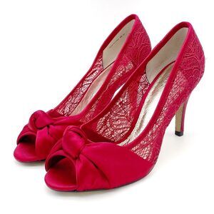 Adrianna Papell Ruby Red Satin and Lace Peep-toe Heel Dress Shoe Women’s Size 8